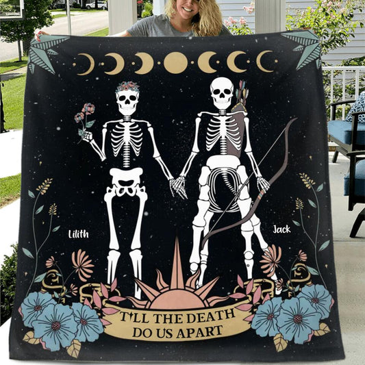 Personalized Skeleton Couple Fleece Throw Blanket/Quilt - Till The Death Do Us Part - Horoscope Gift Idea For Couple