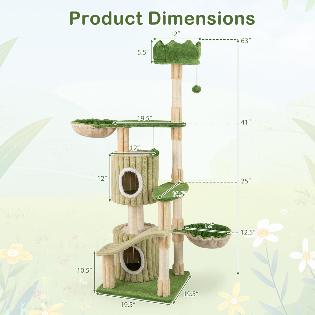 63 Inch Multi-Level Aesthetic Stripped Kitten Tower with 2 Condos-Green