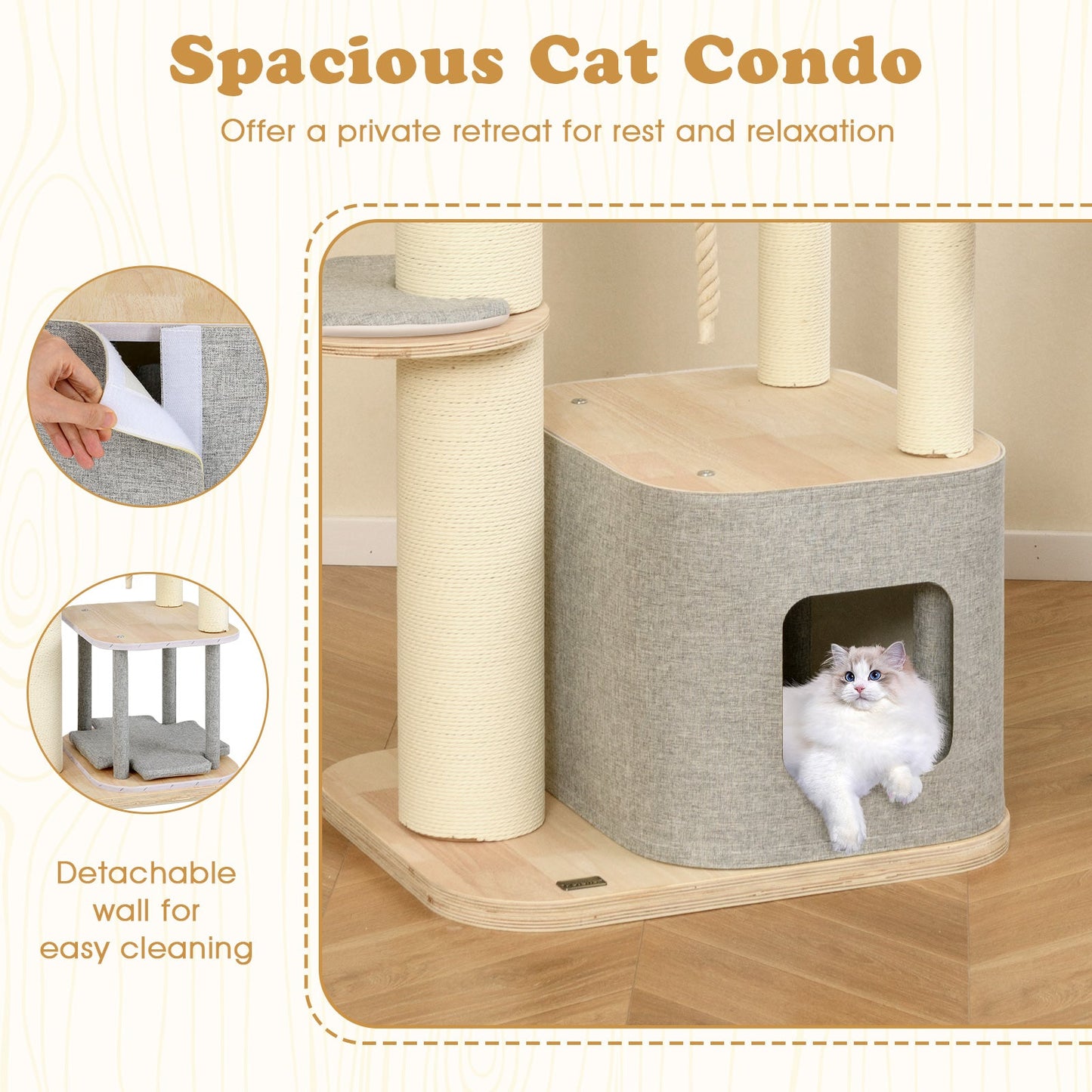 63 Inch Tall Cat Tree Modern Wooden Cat Tower with Perch Condo Hammock-Gray