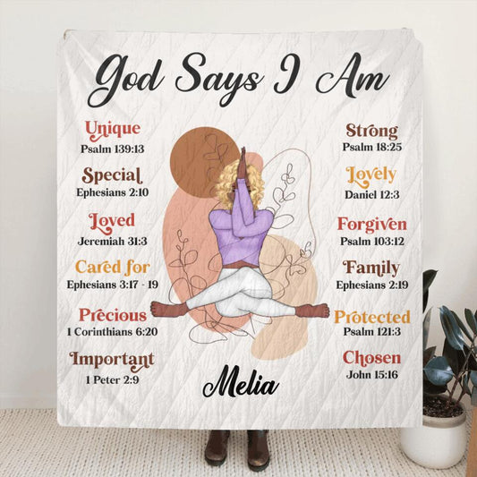 Personalized Yoga Girl Quilt/Fleece Throw Blanket/Pillow Cover - Gift Idea For Yoga Lovers - God Says I am