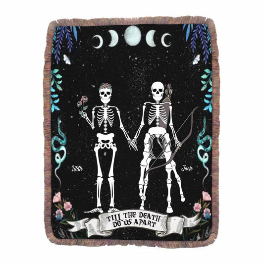Personalized Horoscope Skeleton Couple Fringe Blanket - Gift Idea For Couple, Husband and Wife - Till The Death Do Us Part