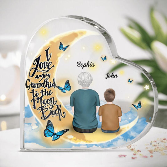 Personalized Grandma Heart-Shaped Acrylic Plaque - Grandma With Up to 4 Kids - Memorial Gift Idea - I Love My Grandkid To The Moon & Back