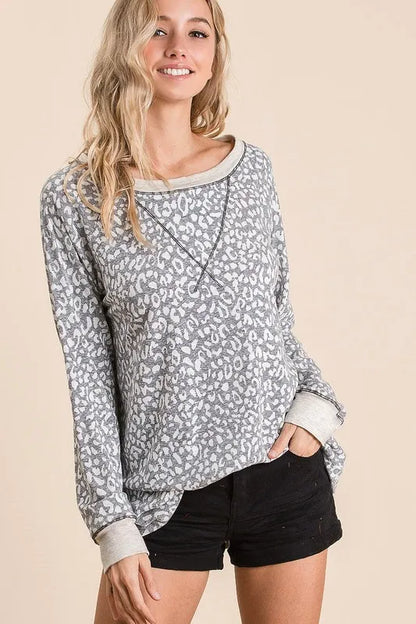 BiBi Leopard Round Neck Long Sleeve T-Shirt
