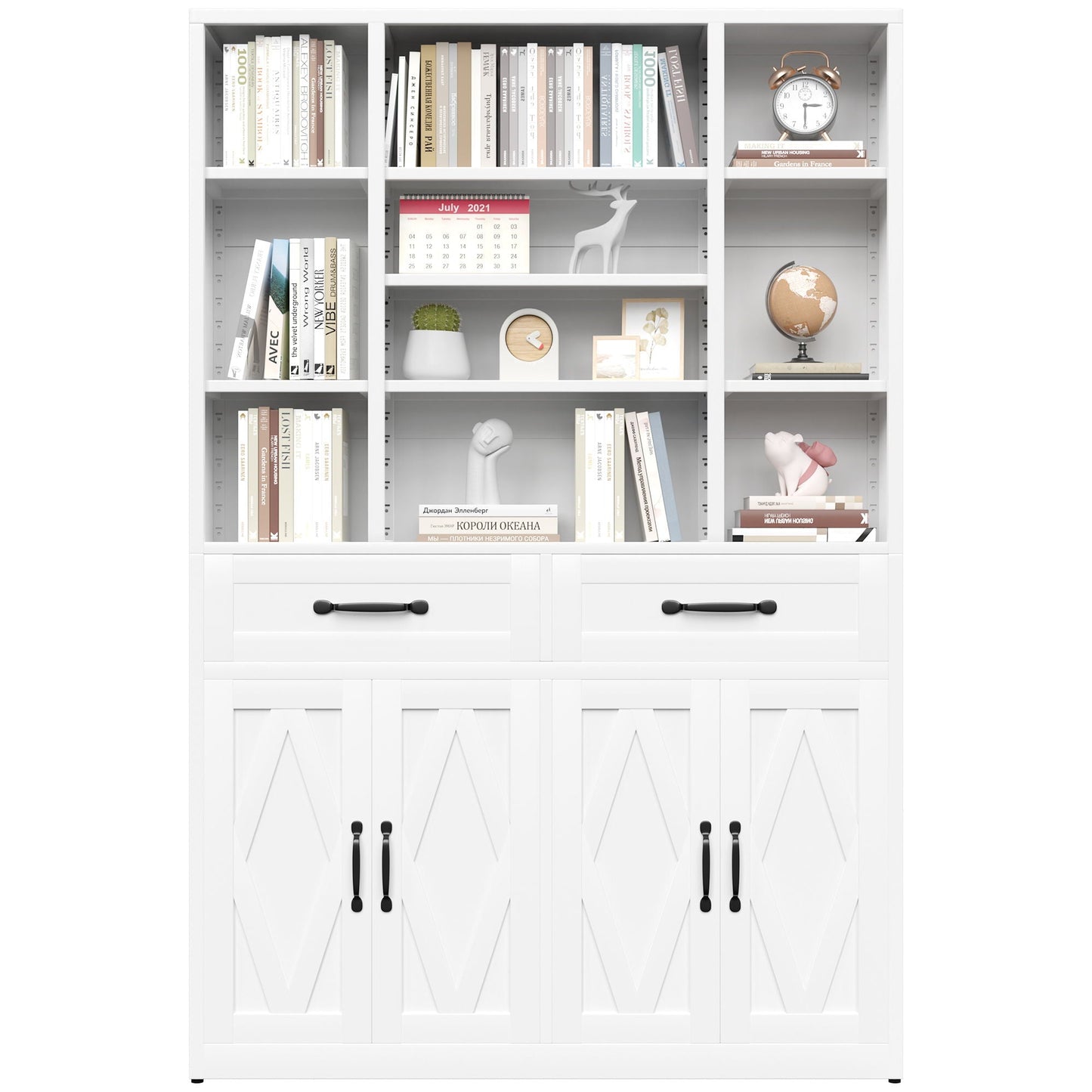 Industrial Bookcase Tall With Adjustable Shelves, Drawers & Doors