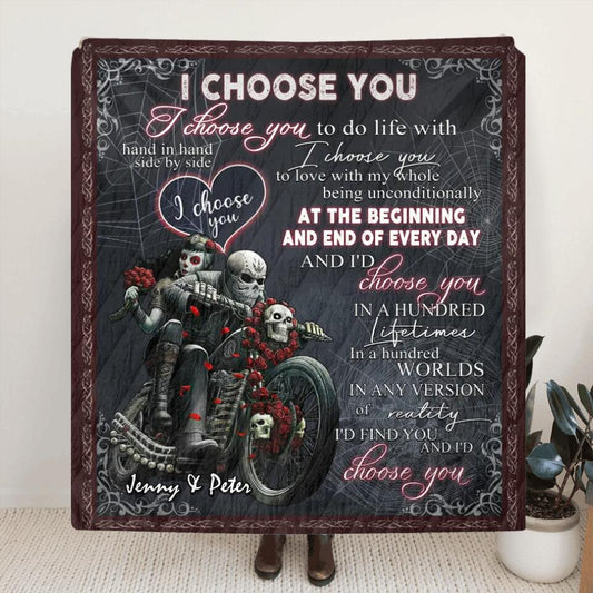 Personalized Skull Couple Quilt/Fleece Throw Blanket - Gift Idea For Couple/Halloween - I Choose You
