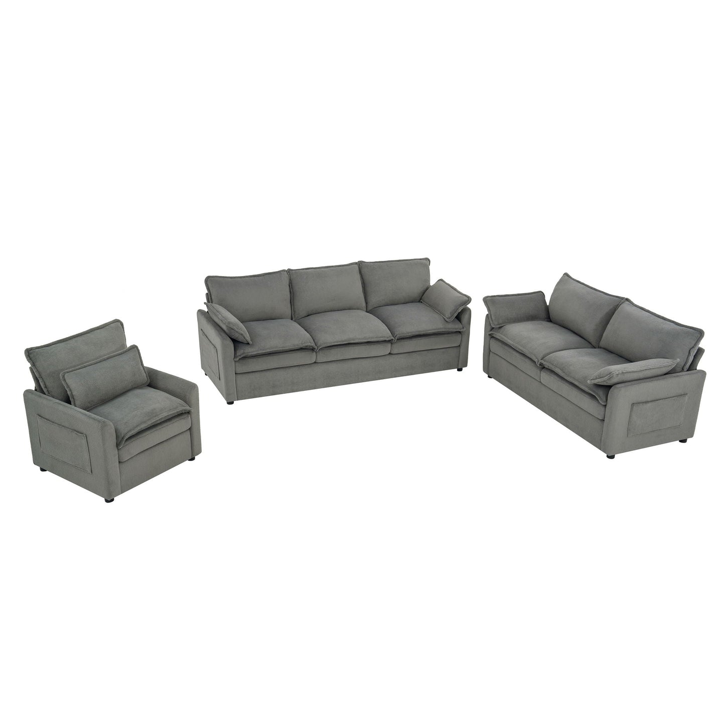Modern Sofa Set With Double Layer Cushion And Side Storage Pockets
