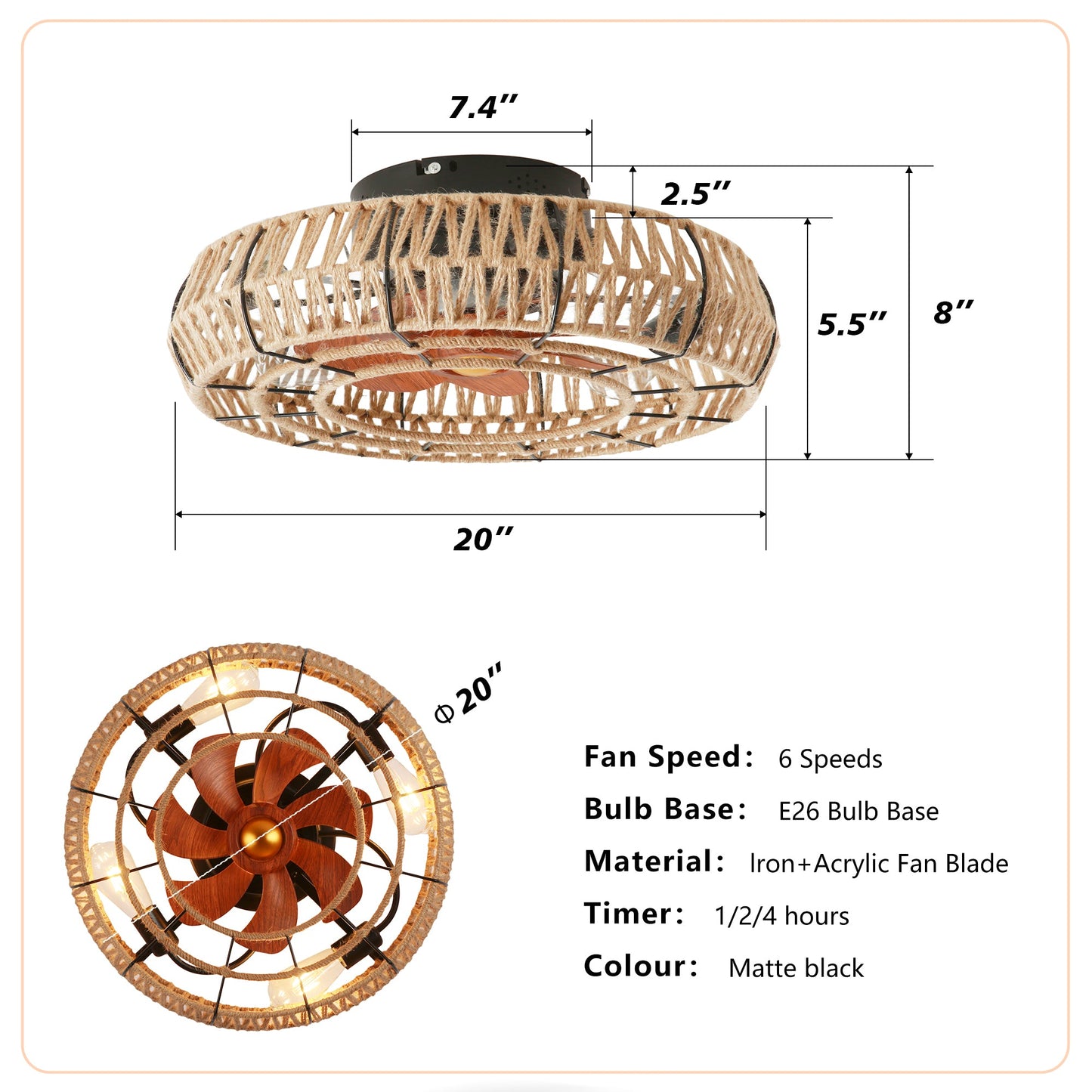 20" Rope Caged Flush Mount Ceiling Fan with Light Kit and Remote Control