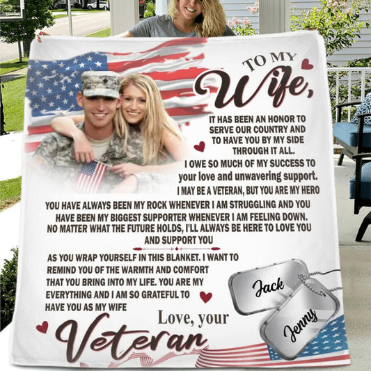 Personalized Photo Fleece Throw Blanket/Quilt - Gift Idea For Veteran's Wife/Gift For Her/Mother's Day Gift For Wife From Husband