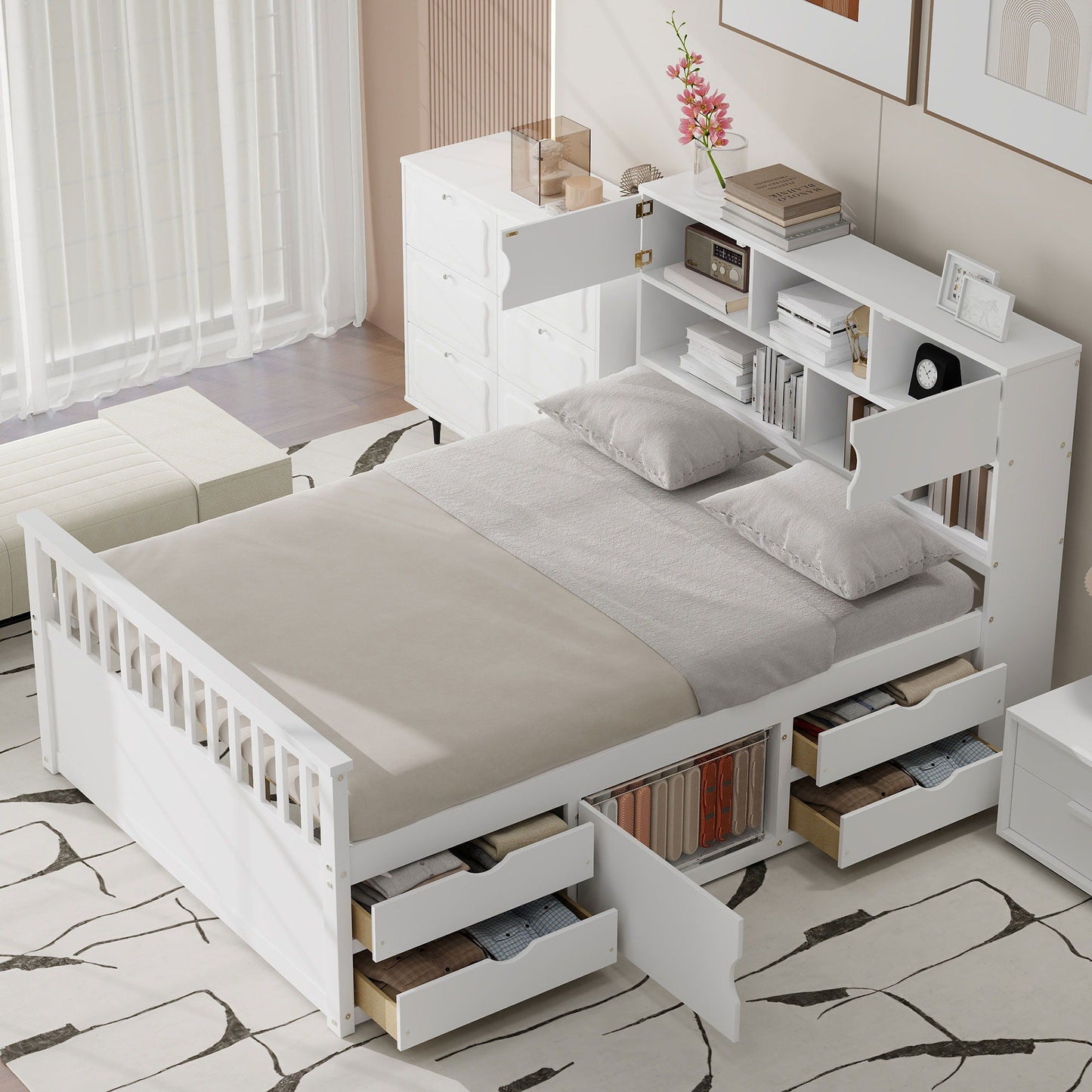 Captain Platform Bed Frame With Bookcase Headboard, 4 Drawers, Storage Shelves
