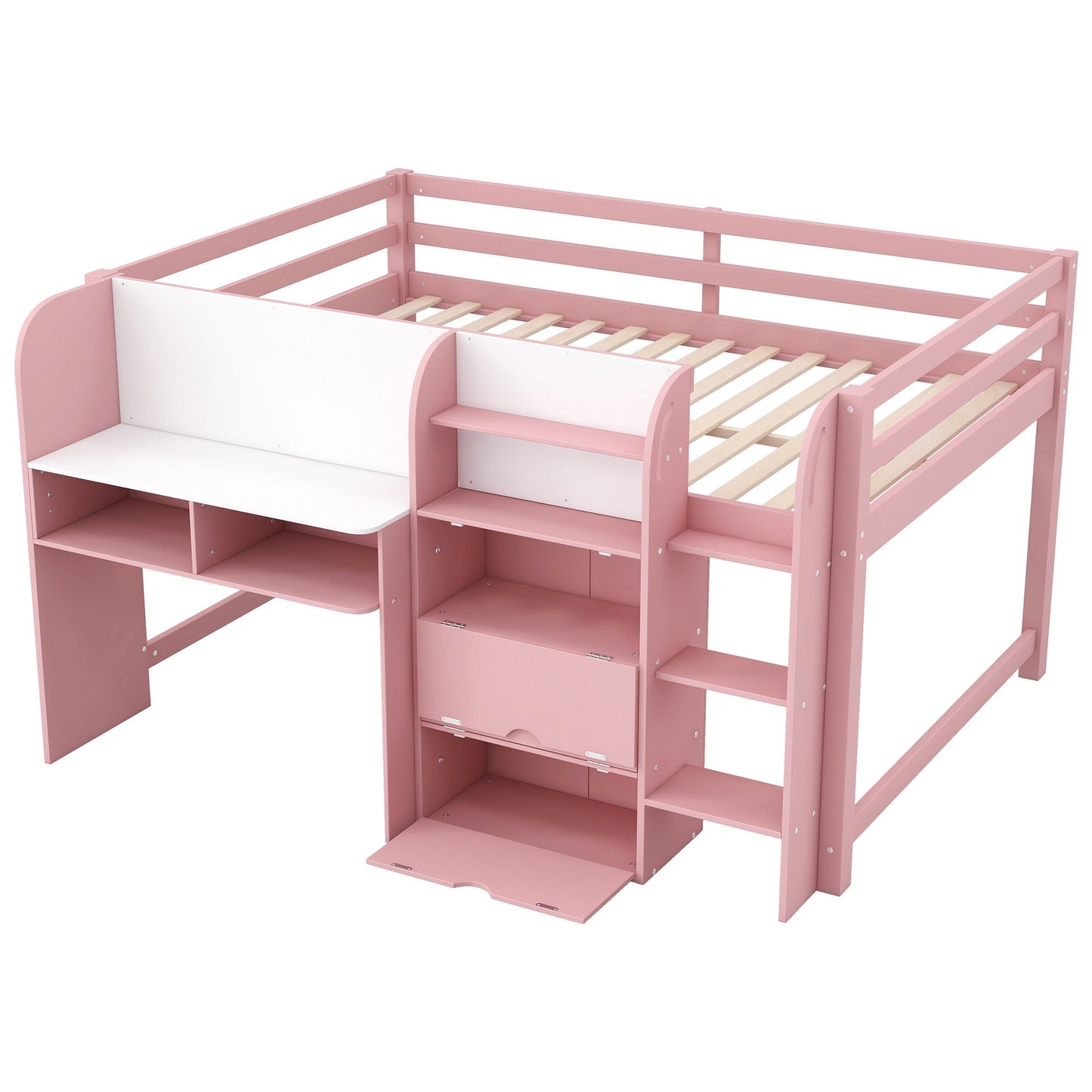 Low Loft Bed With Built In Desk, Storage Cabinets, Open Bookcase And Doodle board