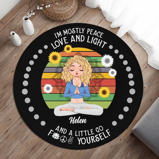 Personalized Yoga Girl Foldable Round Rug - Gift Idea For Yoga Lovers - I'm Mostly Peace Love And Light