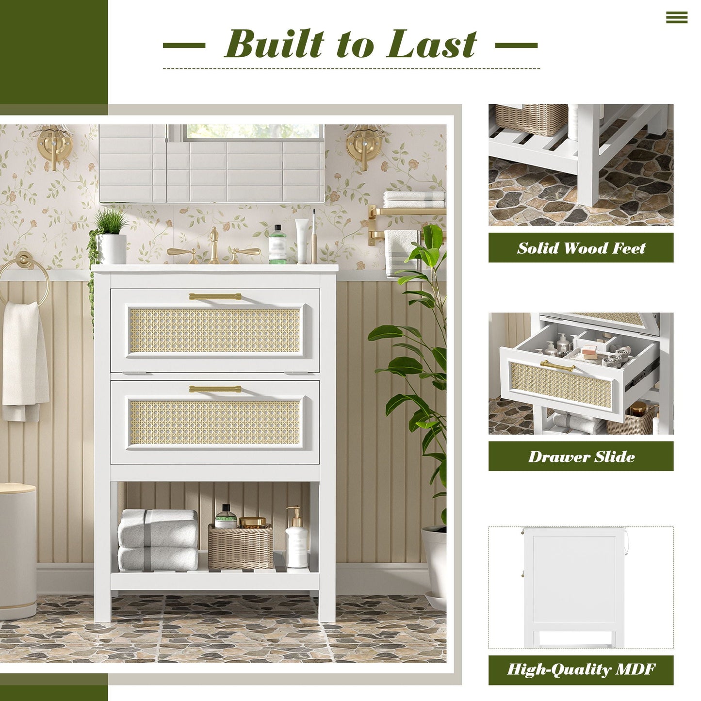 Modern Bathroom Vanity With Integrated Sink, Cabinet With 1 Deep Drawer And 1 Tip-Out Drawer