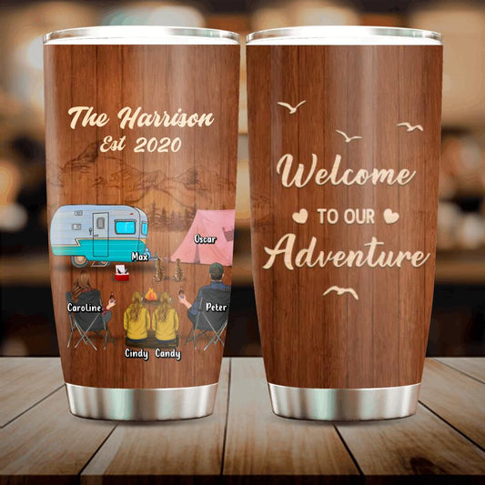 Personalized Camping Family Tumbler - Couple/Parents/Single Parent With Up to 2 Kids And 3 Pets - Gift Idea For Family/ Camping/ Dog/Cat Lovers - Welcome To Our Adventure