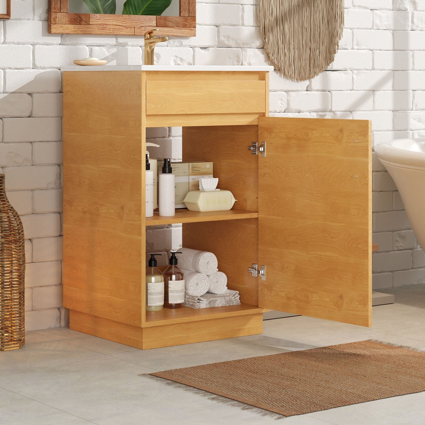 Bathroom Vanity With Sink, Single Cabinet, Natural Wood