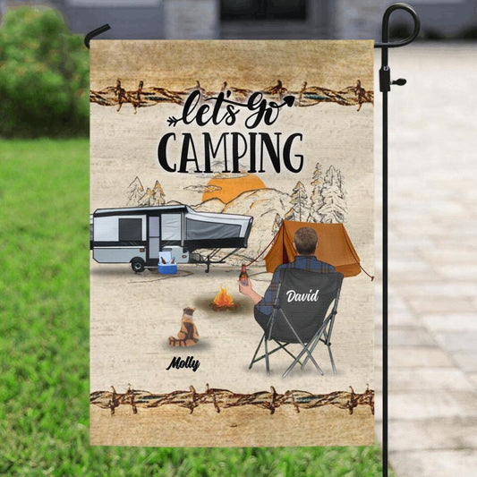 Personalized Camping Flag Sign - Gift Idea For Camping Lovers - Couple/Single Man/Woman With Up to 6 Pets - Let's Go Camping