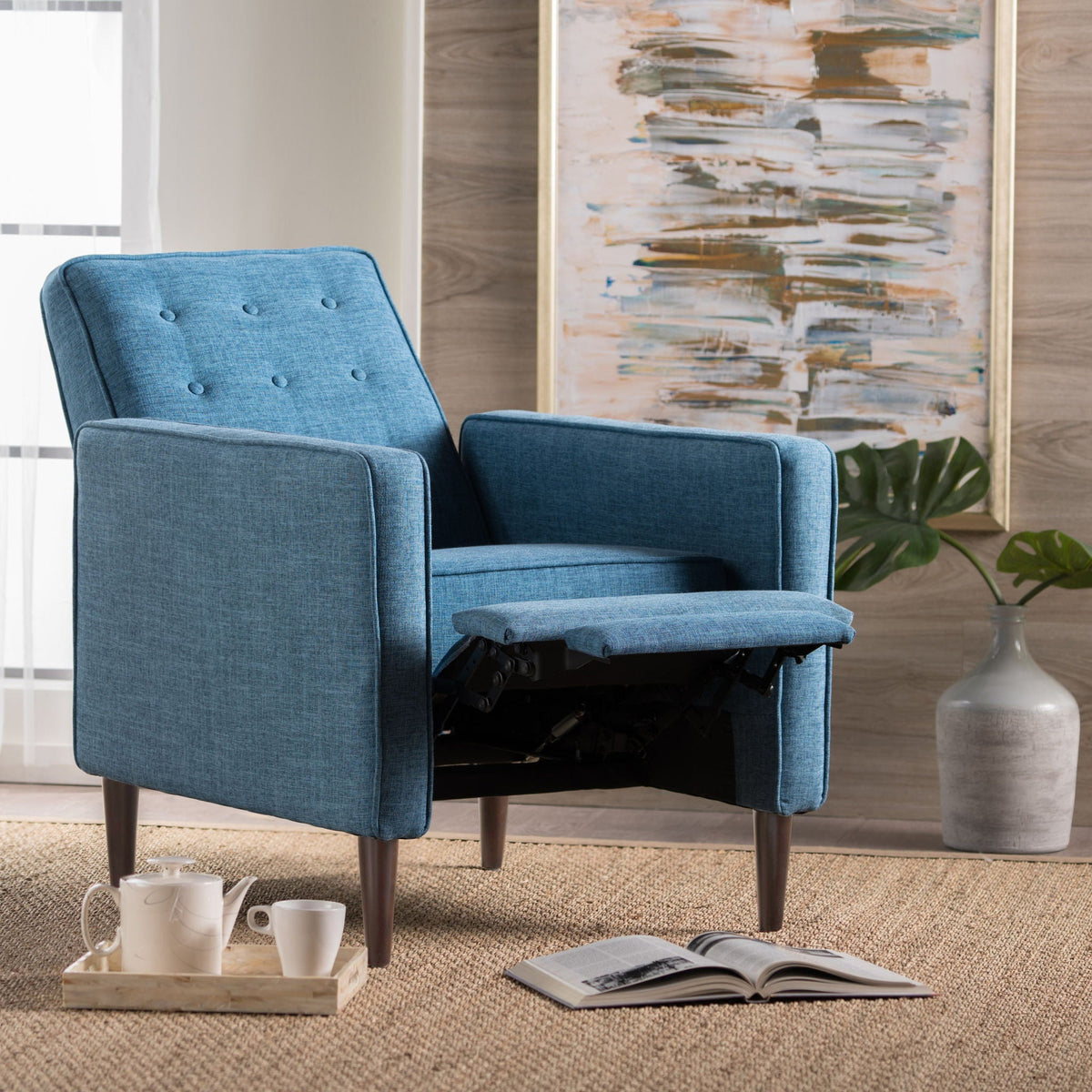 Mid-Century Modern Recliner With Button Tufted Waffle Stitch