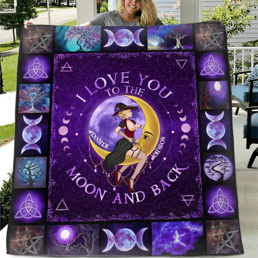 Personalized Witch Couple Fleece Throw Blanket/Quilt - Gift Idea For Couple/Witch Lovers - I Love You To The Moon And Back