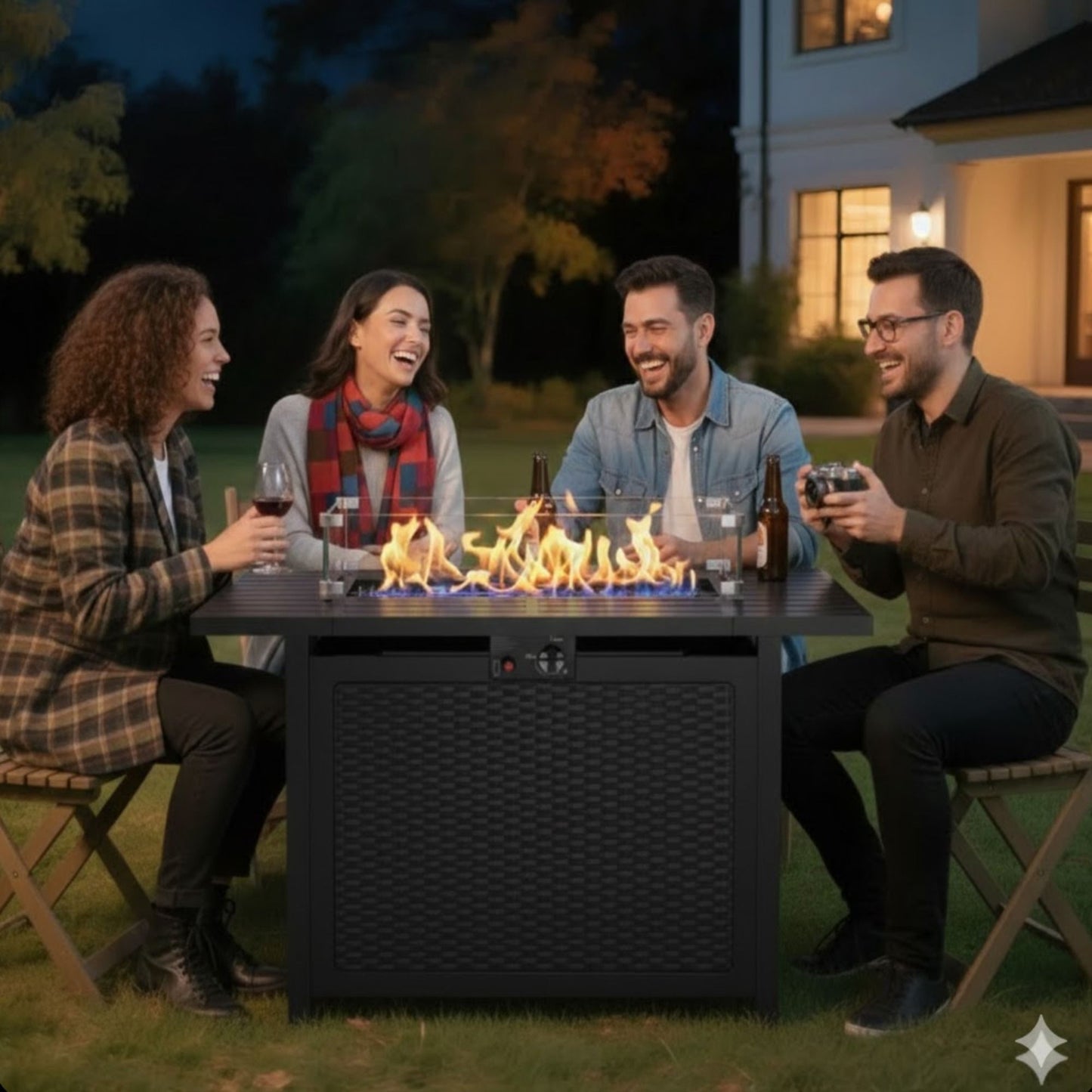 Outdoor 2 In 1 Propane Fire Pit Table With Lid & Glass Shield, Rectangular Fire Table, Lava Rock & Cover - Black