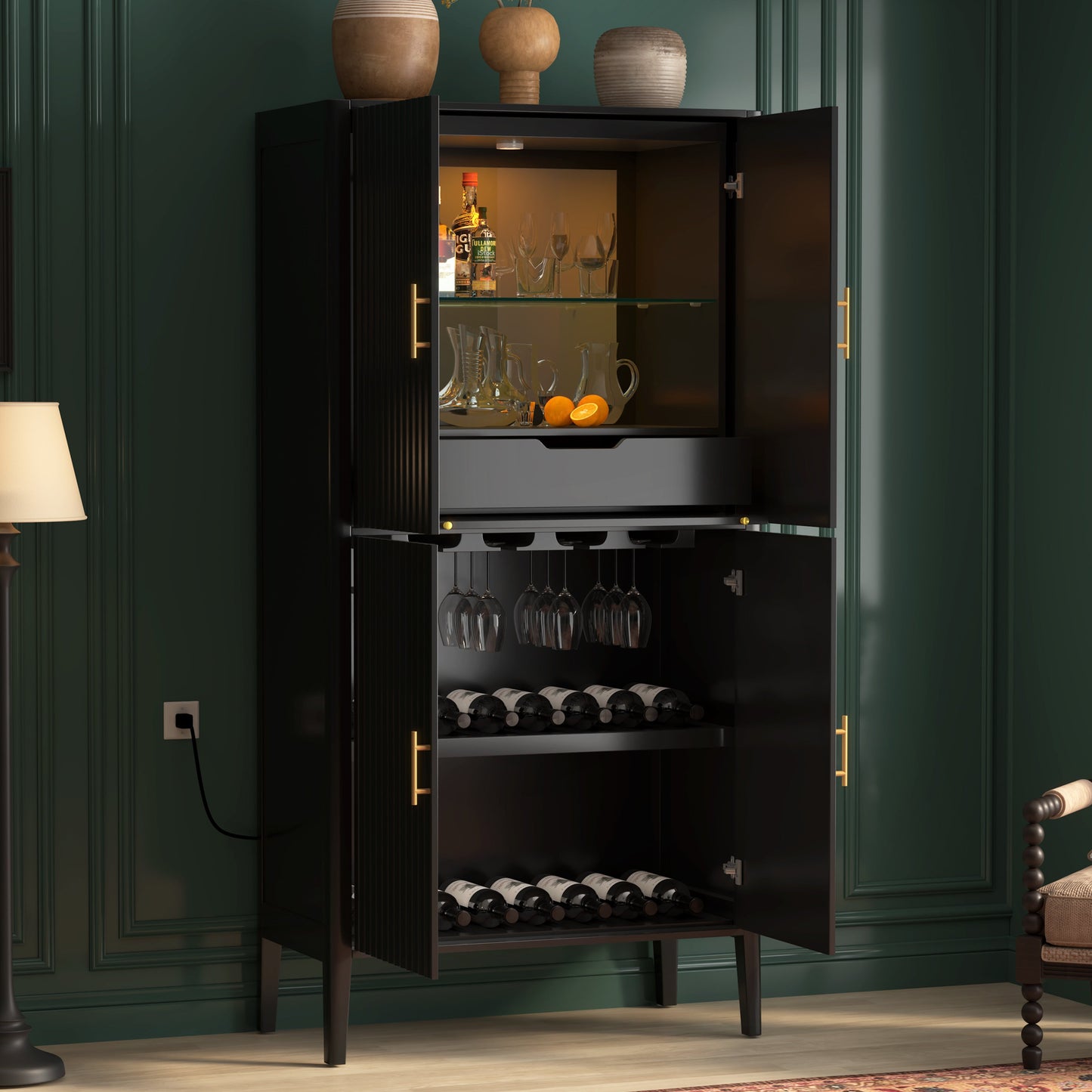 U_STYLE Modern Fluted Wine Cabinet with Glass Display & Stemware Rack