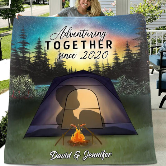 Personalized Camping Silhouette Fleece/Quilt Blanket - Gift For Camping Lovers/Couple/Husband and Wife - Adventure together since 2020