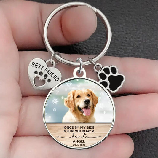 Personalized Photo Keychain Pet Charm Key Ornaments - Memorial Gift for Dog/Cat Lovers - Once By My Side Forever In My Heart