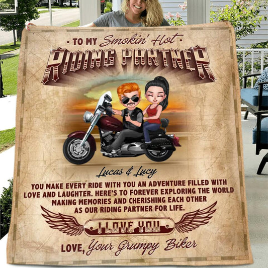 Personalized Riding Couple Fleece Throw Blanket/Quilt - Gift Idea For Couple/Biker - You Are My Smokin' Hot Riding Partner