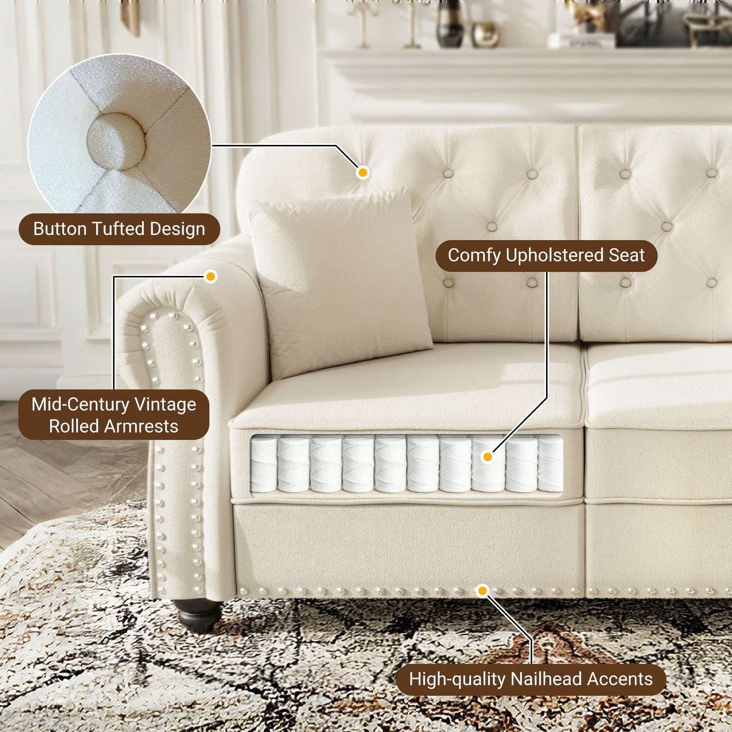 Upholstered 3 Seater Sofa Set With Ottoman