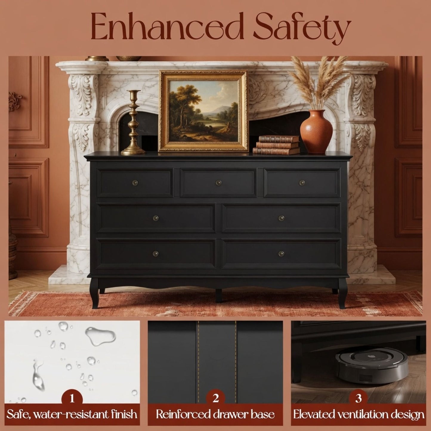 7 Drawer Dresser, Storage Chest - Black