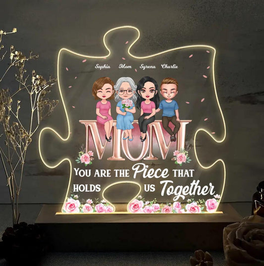 Personalized Mother Puzzle Shape Acrylic Night Light - Mother With Up to 3 Children - Mother's Day Gift Idea For Mother From Daughter/Son - You Are The Piece That Holds Us Together