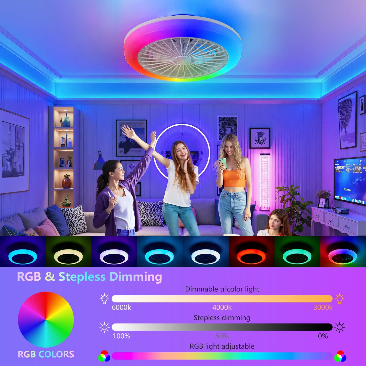 18 Inch Ceiling Fan with RGB Light and Remote Control
