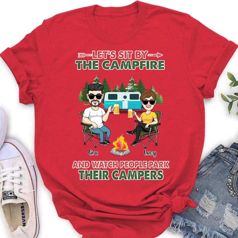 Personalized Couple With Dogs Camping Shirt/Hoodie - Couple With Up to 4 Dogs - Gift For Couple/Camping/Dog Lover - Let's Sit By The Campfire
