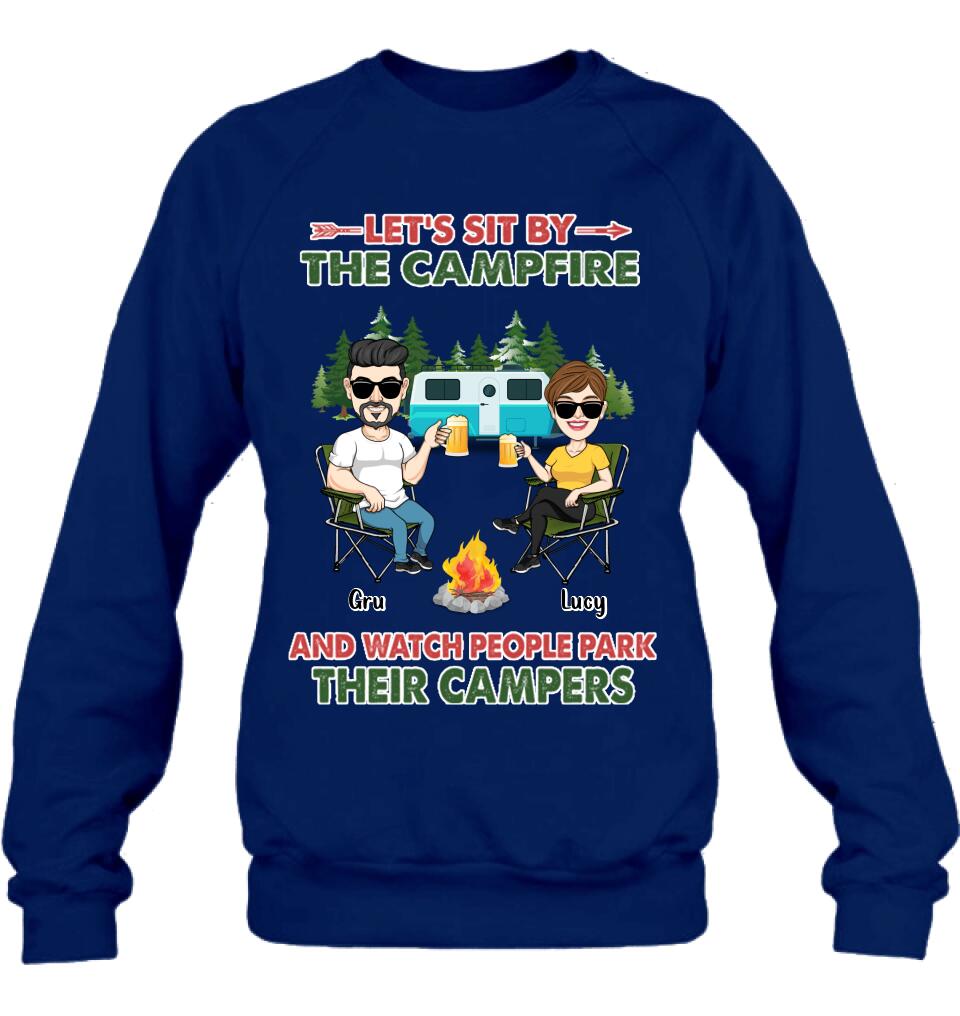 Personalized Couple With Dogs Camping Shirt/Hoodie - Couple With Up to 4 Dogs - Gift For Couple/Camping/Dog Lover - Let's Sit By The Campfire
