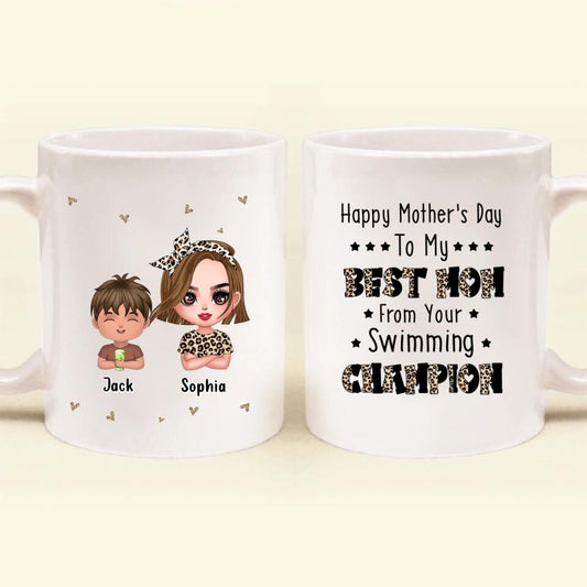 Personalized Mother Coffee Mug - Mom With Up to 4 Children - Mother's Day Gift To Mom - Happy Mother's Day To My Best Mom From Your Swimming Champion