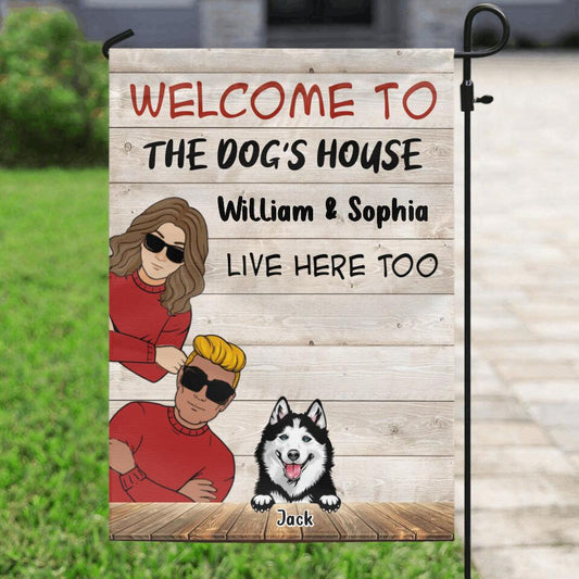 Personalized Couple With Dogs Flag Sign - Gift Idea For Couple/Dog Lover - Up to 3 Dogs - Welcome To The Dog's House