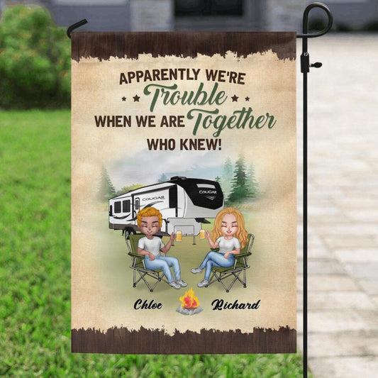 Personalized Camping Friends Flag Sign - Up to 7 People - Gift Idea For Friends/Camping Lovers - Apparently We're Trouble When We Are Together Who Knew!