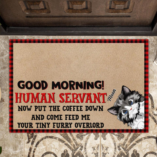 Personalized Cat Doormat - Gift Idea For Cat Lovers with up to 5 Cats - Human Servant Now Put The Coffee Down And Come Feed Me Your Tiny Furry Overlord