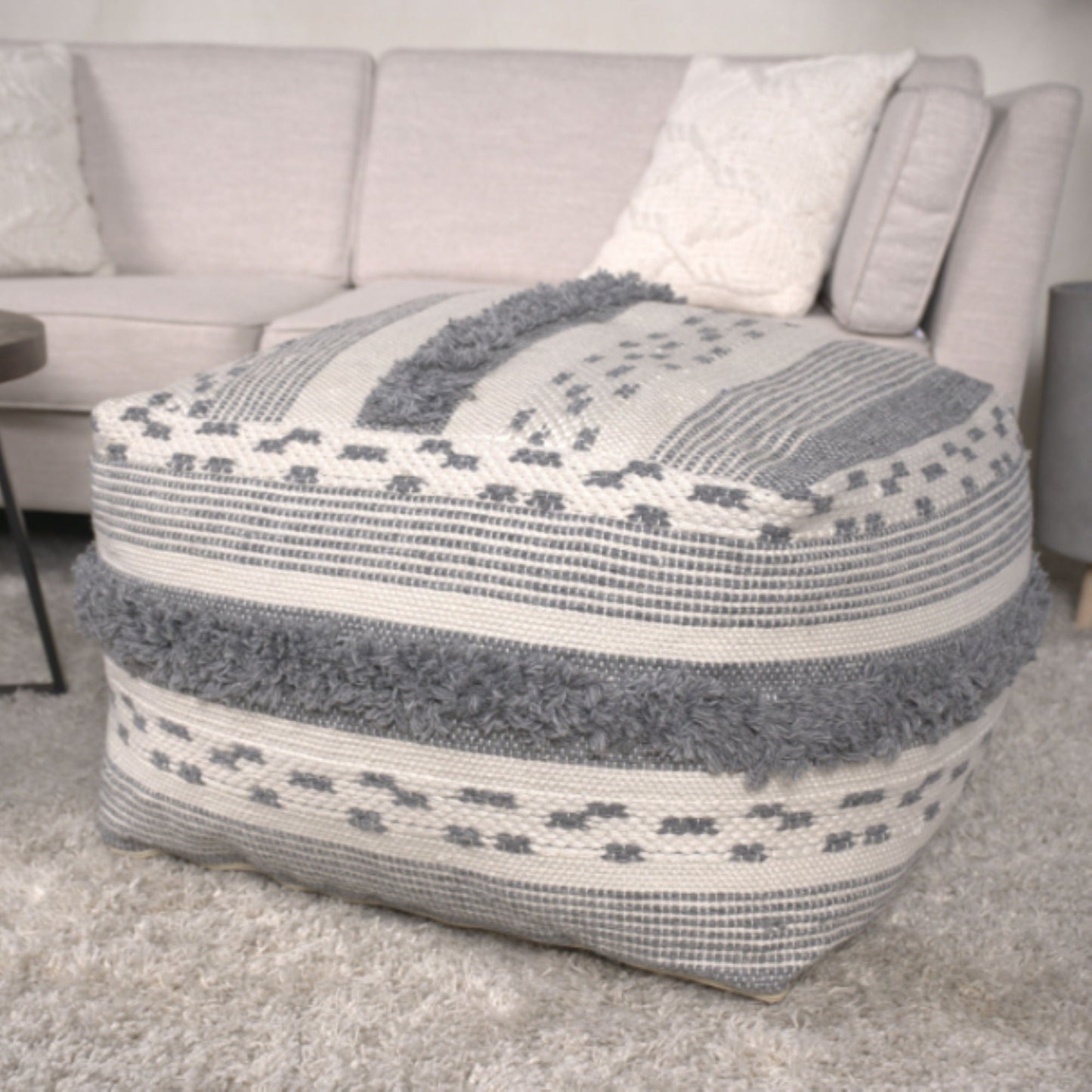 Karim - Faux Yarn Large Pouf, Durable - Ivory / Gray