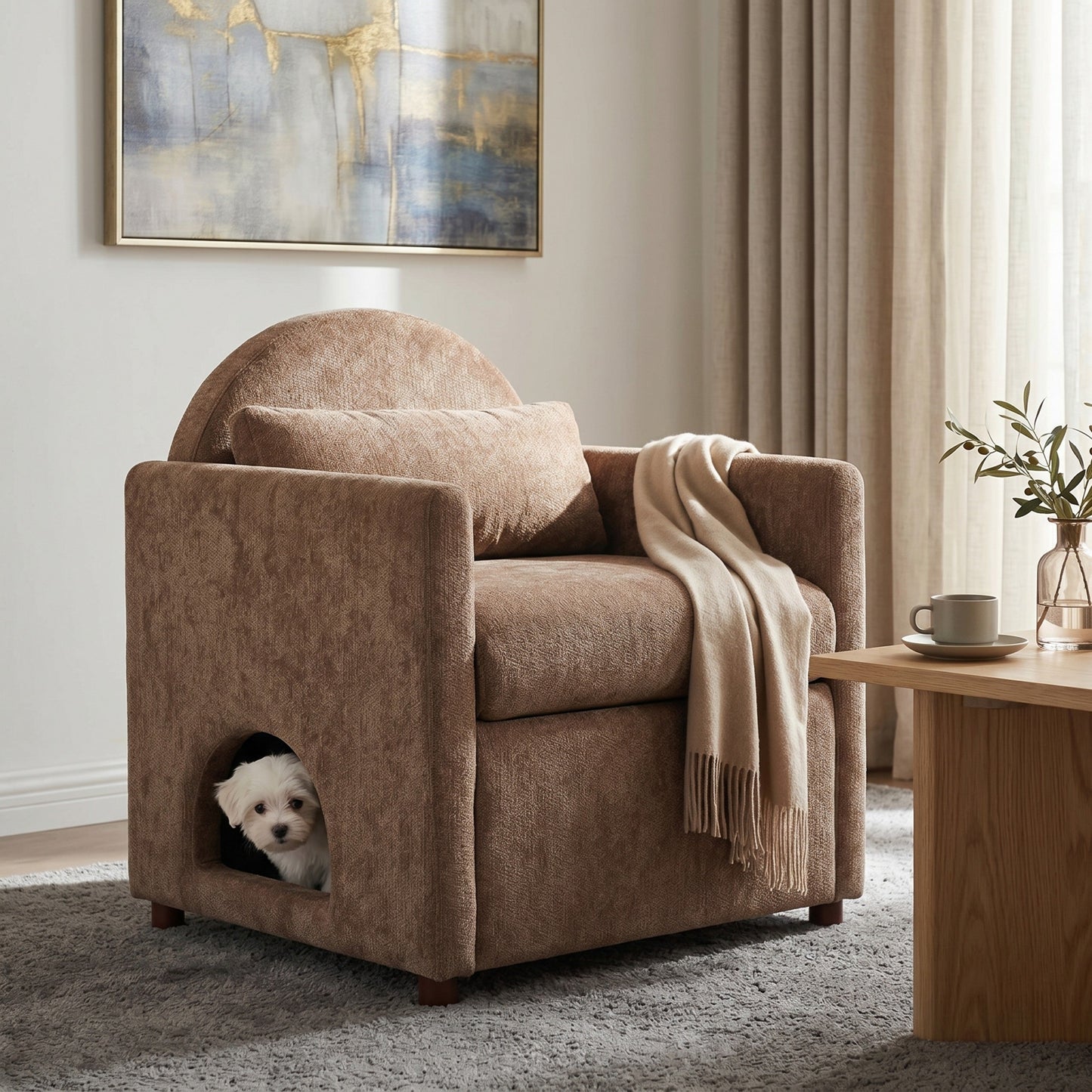 Coffee Pet Friendly Accent Chair with Hidden Pet Nook