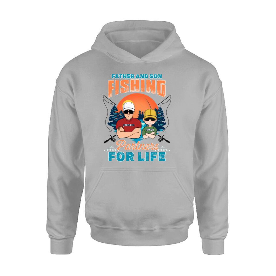 Personalized Father And Son Fishing T-Shirt/Long sleeve/Sweatshirt/Hoodie - Up to 3 Children - Gift Idea For Father/Son/Daughter/Father's Day/Fishing Lover - Father And Son Fishing Partners For Life