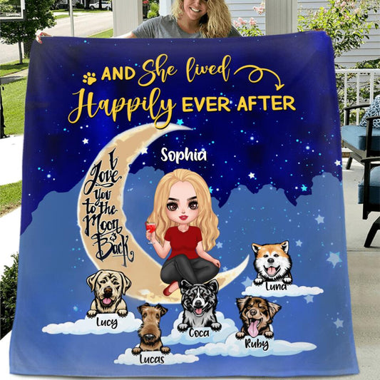 Personalized Dog Mom On Moon Quilt/Fleece Blanket - Girl With Up to 5 Dogs - Gift Idea For Dog Lover - And She Lived Happily Ever After