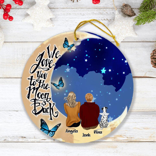 Personalized Couple With Pet Moon Ornament - Up to 4 Dogs - Best Gift For Dog/Cat Lover - We Love You To The Moon And Back