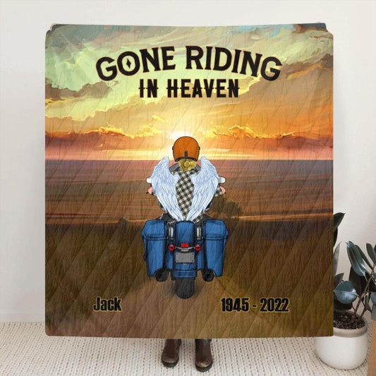 Personalized Memorial Biker Quilt/Fleece Throw Blanket - Memorial Gift Idea For Father's Day - Gone Riding In Heaven