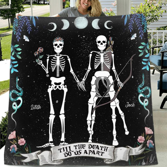 Personalized Horoscope Skeleton Couple Quilt/Fleece Throw Blanket - Gift Idea For Couple, Husband and Wife - Till The Death Do Us Part