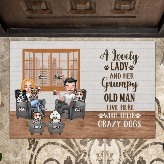 Personalized Dog Family Doormat - Gift Idea For Dog Lovers/Couple - Up to 5 Dogs - A Lovely Lady And Her Grumpy Old Man Live Here With Their Crazy Dogs