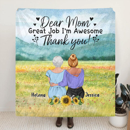 Personalized Mom & Daughter Quilt/Fleece Throw Blanket/Pillow Cover - Mother's Day Gift Idea From Daughter - Dear Mom Great Job I'm Awesome
