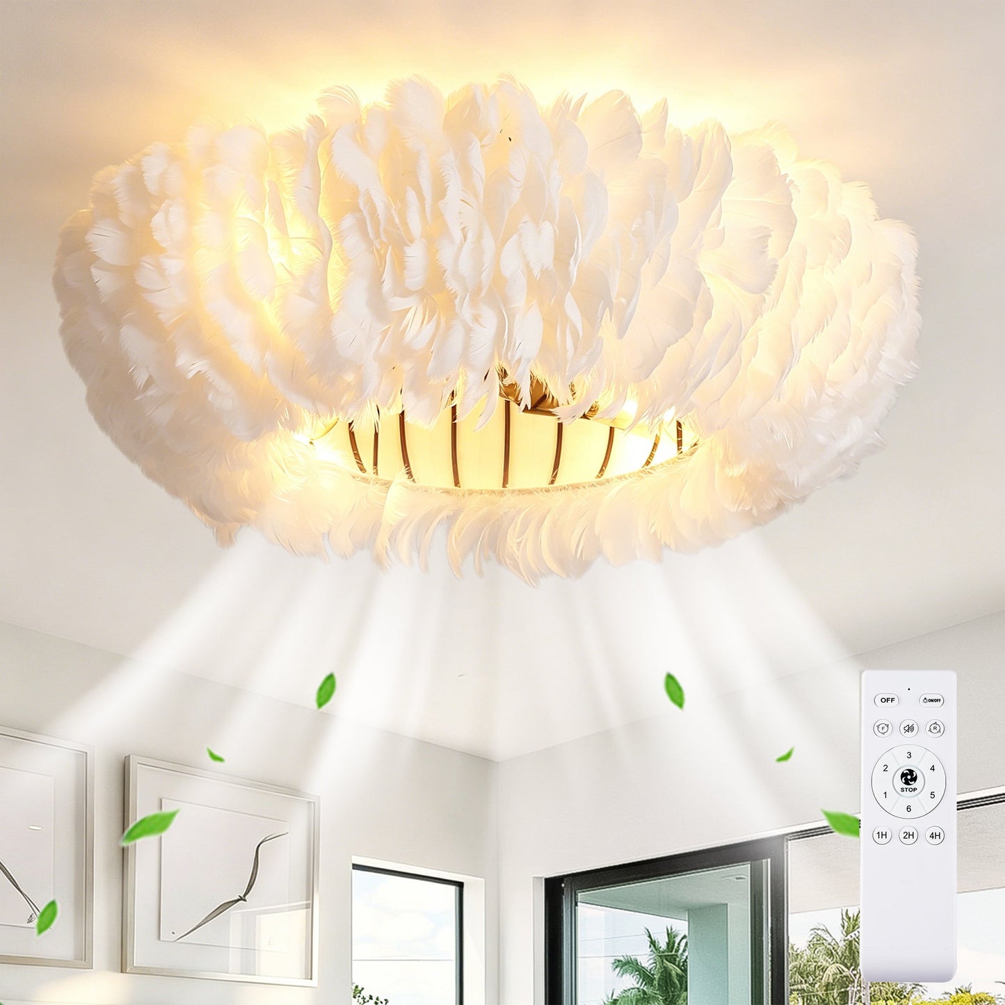 20" Feather-Dressed Caged Ceiling Fan with Remote and Light