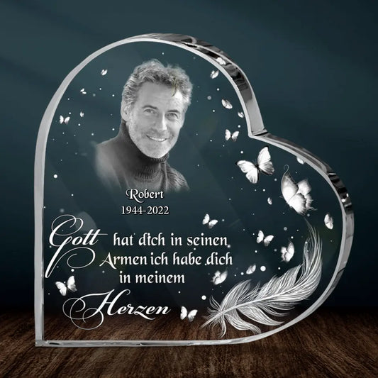 Personalized Memorial Photo Crystal Heart - German Version - Memorial Gift Idea for Father's Day/Mother's Day - Gott Hat Ditch In Seinen Armen Ich Habe Sich In Meinem Herzen