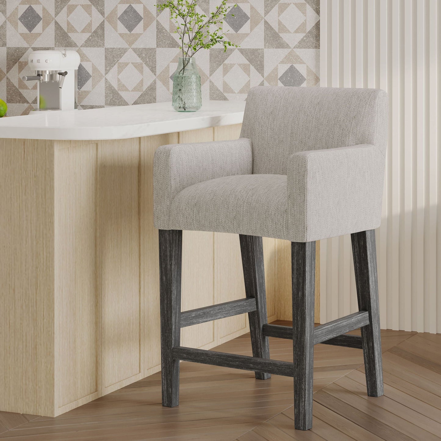 Charmed Upholstered Counter Stool with H-Frame Base and Round Arms