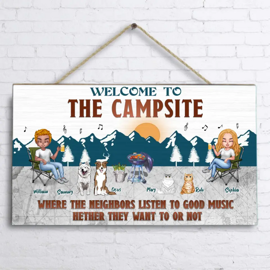 Personalized Camping Couple With Pet Wooden Sign - Couple With Up to 4 Pets - Gift Idea For Camping/Dog/Cat Lovers - Welcome To The Campsite