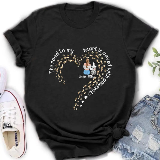 Personalized Memorial Dog With Man/Woman Shirt/Hoodie/Long sleeve/Sweatshirt - Gift Idea For Dog Lovers/Dog Owners - The Road To My Heart Is Paved With Pawprints